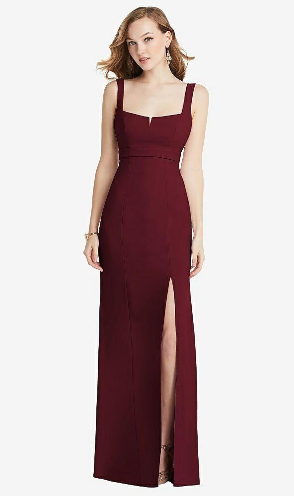 Front View - Cabernet Wide Strap Notch Empire Waist Dress with Front Slit
