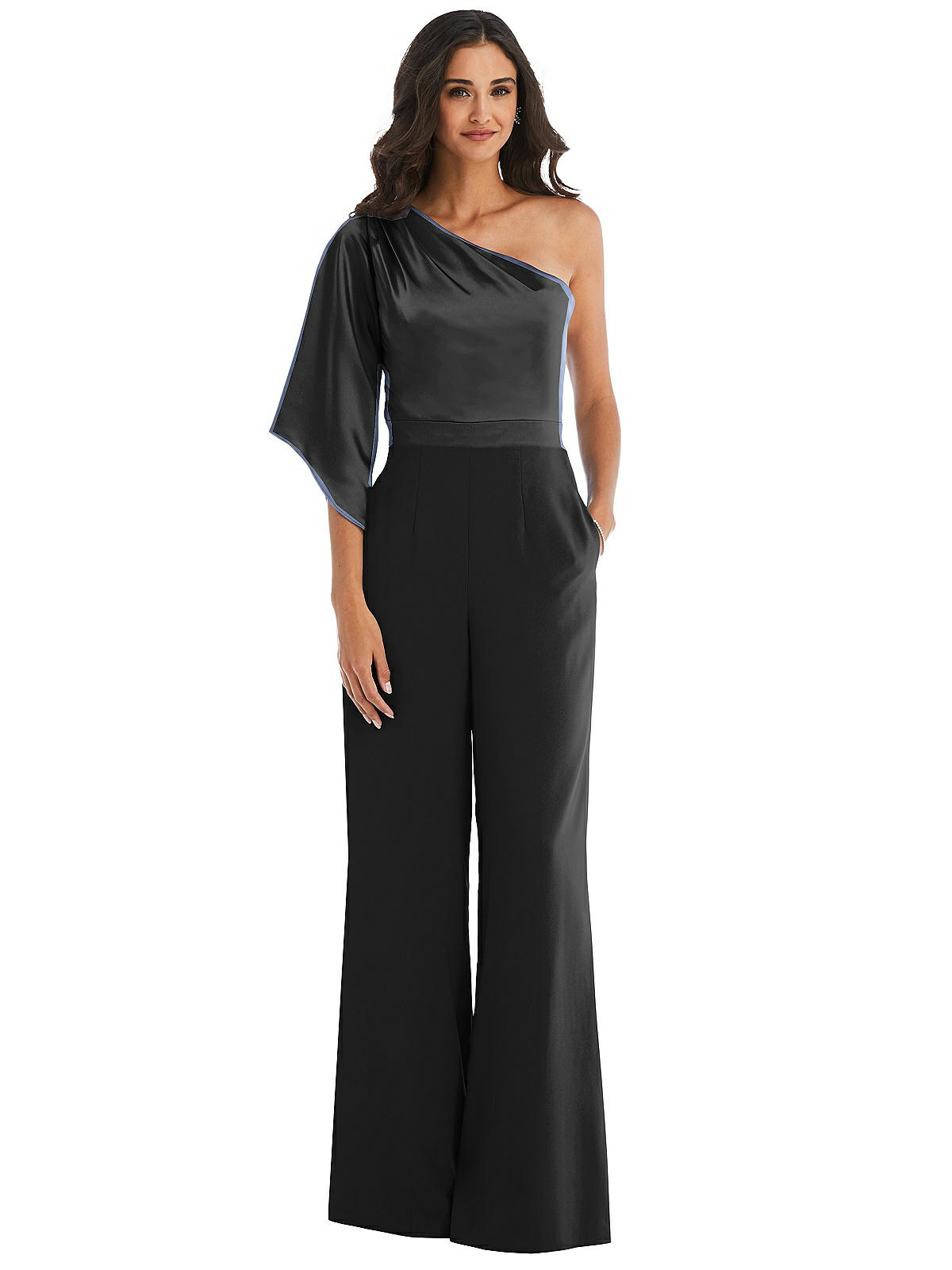 【YILON】Layered gather op ワンピース BLACK Jumpsuit with uneven neckline, Black - Sisley