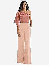 Front View Thumbnail - Pale Peach & Desert Rose One-Shoulder Bell Sleeve Jumpsuit with Pockets