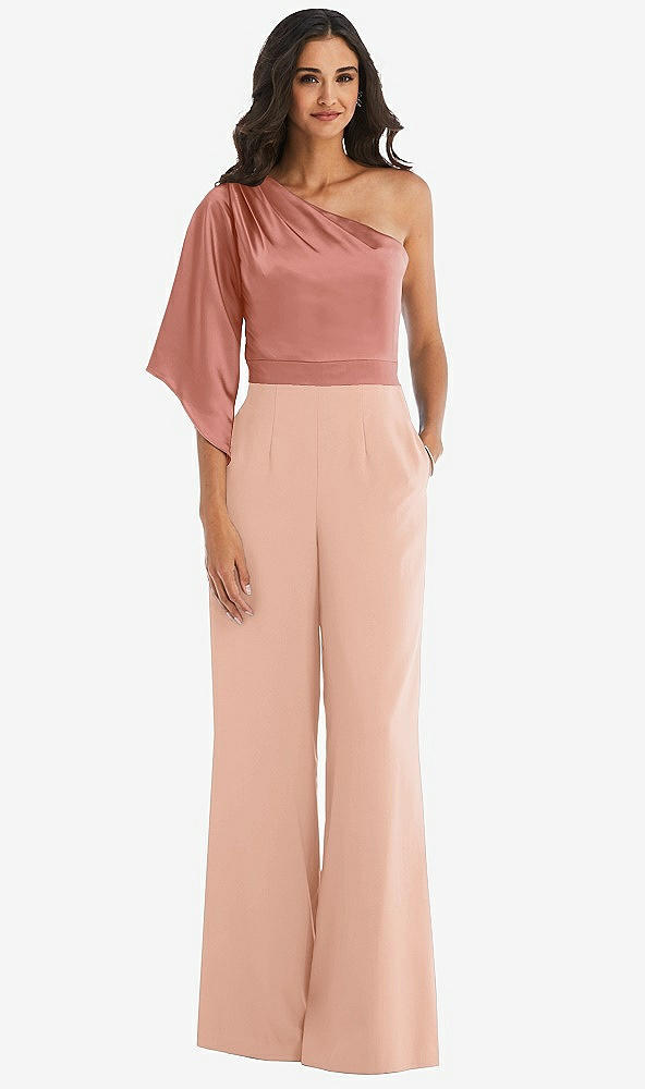 Front View - Pale Peach & Desert Rose One-Shoulder Bell Sleeve Jumpsuit with Pockets
