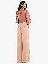 Rear View Thumbnail - Pale Peach & Desert Rose One-Shoulder Bell Sleeve Jumpsuit with Pockets