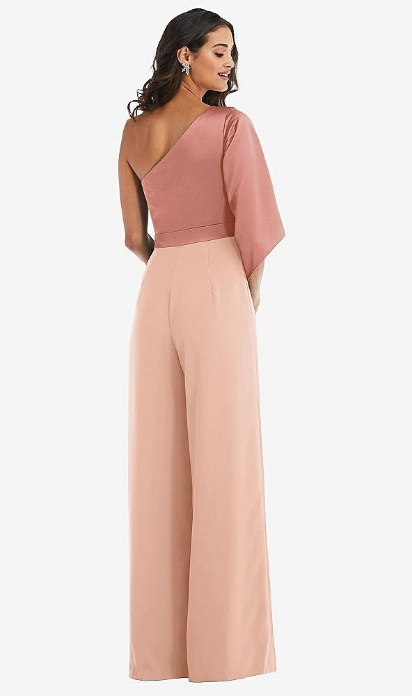 Back View - Pale Peach & Desert Rose One-Shoulder Bell Sleeve Jumpsuit with Pockets