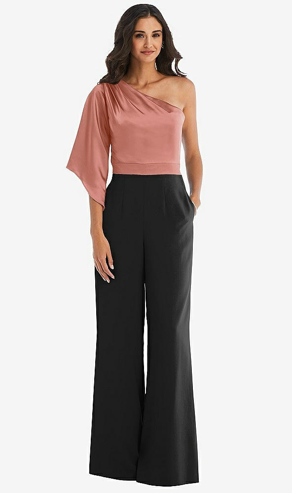 Front View - Black & Desert Rose One-Shoulder Bell Sleeve Jumpsuit with Pockets