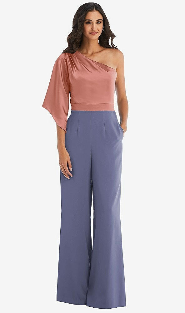 Front View - French Blue & Desert Rose One-Shoulder Bell Sleeve Jumpsuit with Pockets