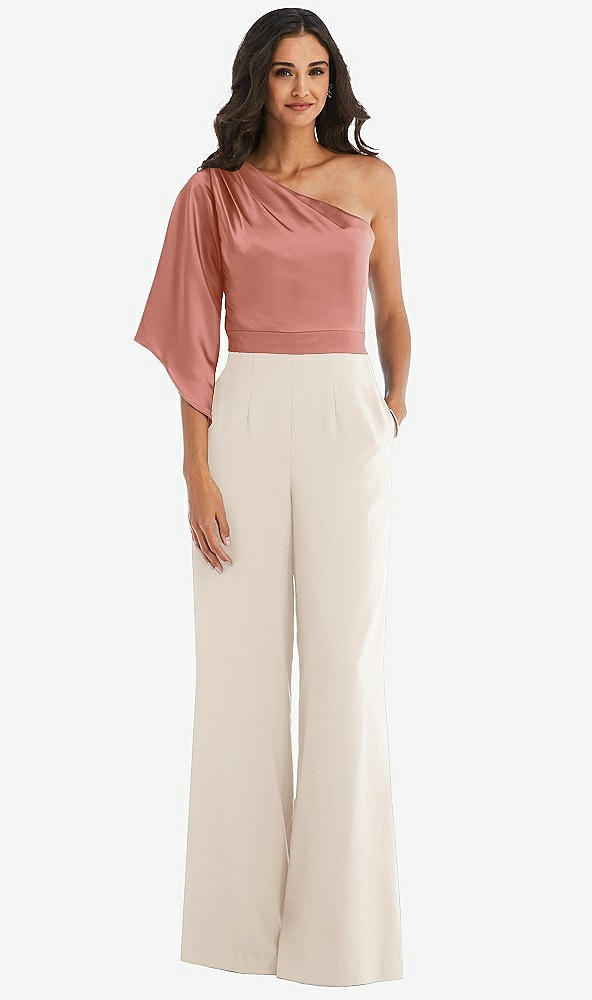 Front View - Oat & Desert Rose One-Shoulder Bell Sleeve Jumpsuit with Pockets