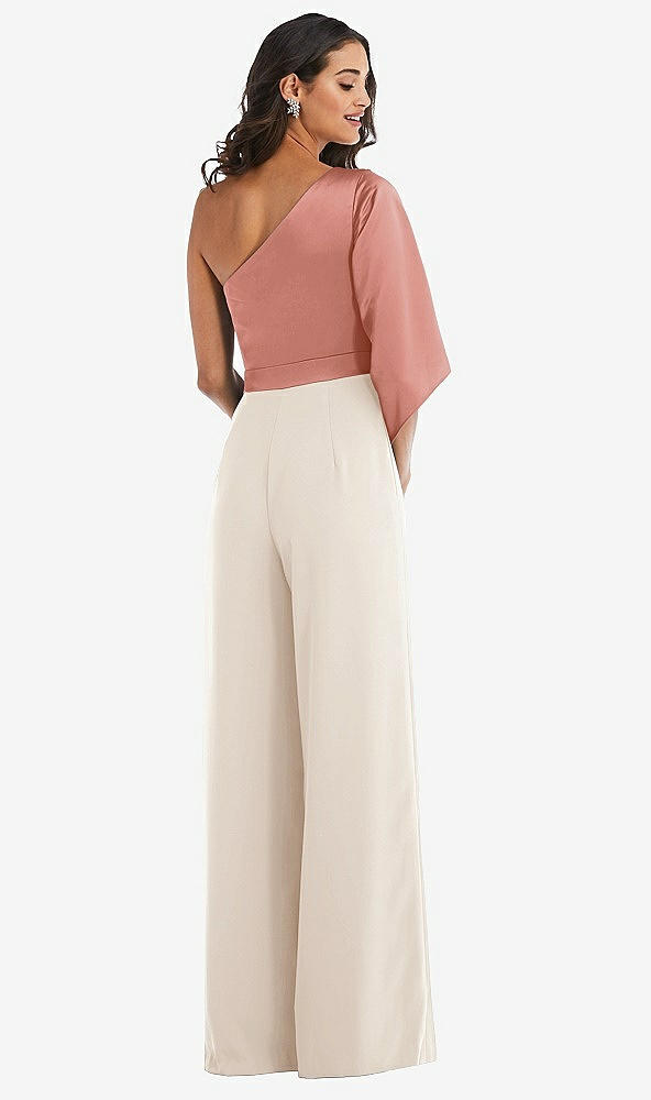 Back View - Oat & Desert Rose One-Shoulder Bell Sleeve Jumpsuit with Pockets