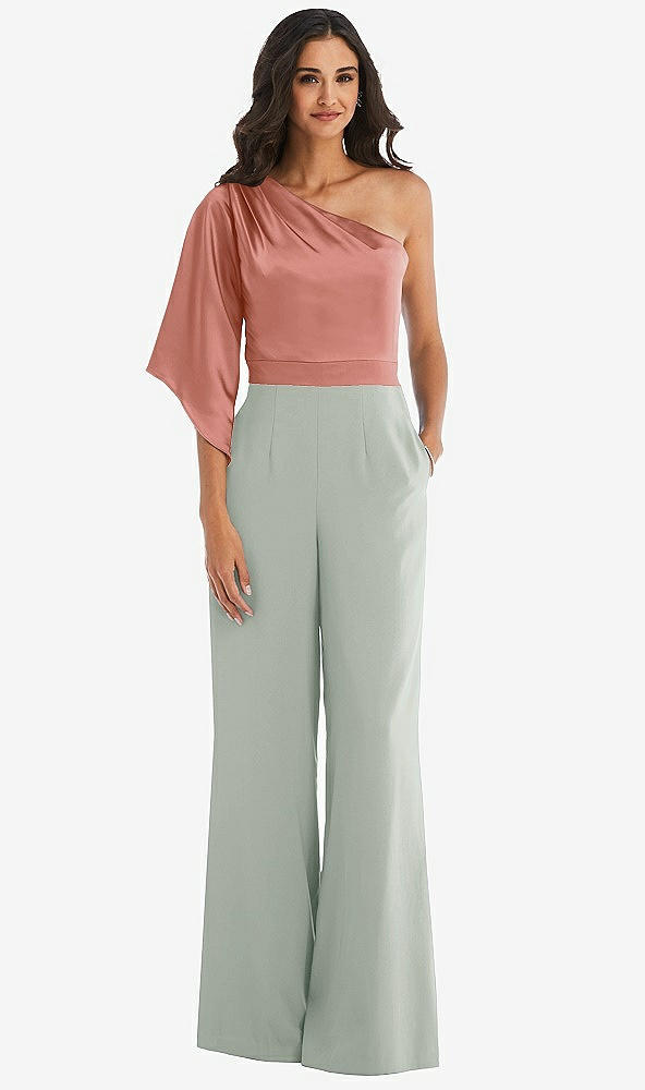 Front View - Willow Green & Desert Rose One-Shoulder Bell Sleeve Jumpsuit with Pockets