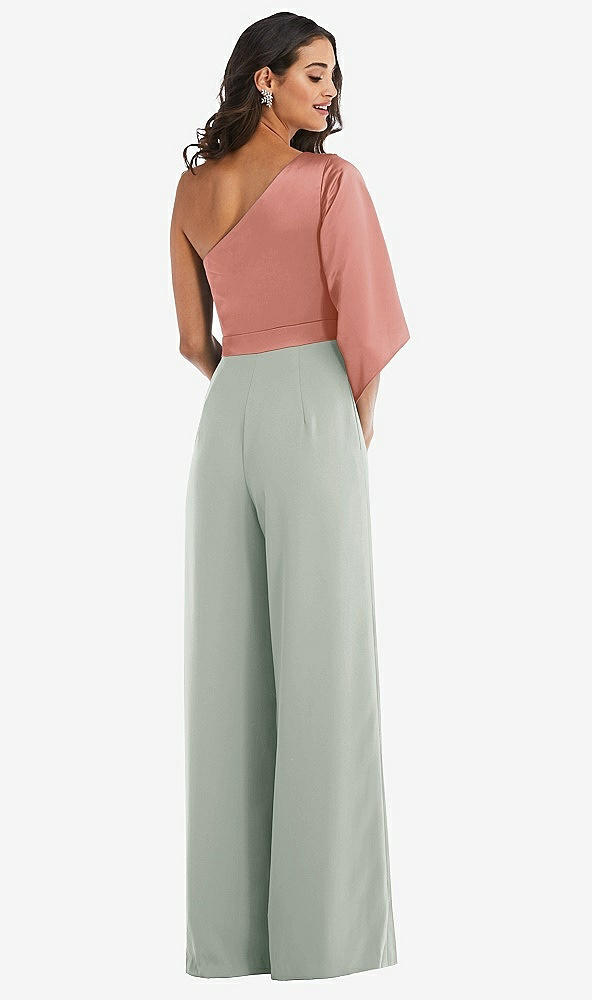Back View - Willow Green & Desert Rose One-Shoulder Bell Sleeve Jumpsuit with Pockets