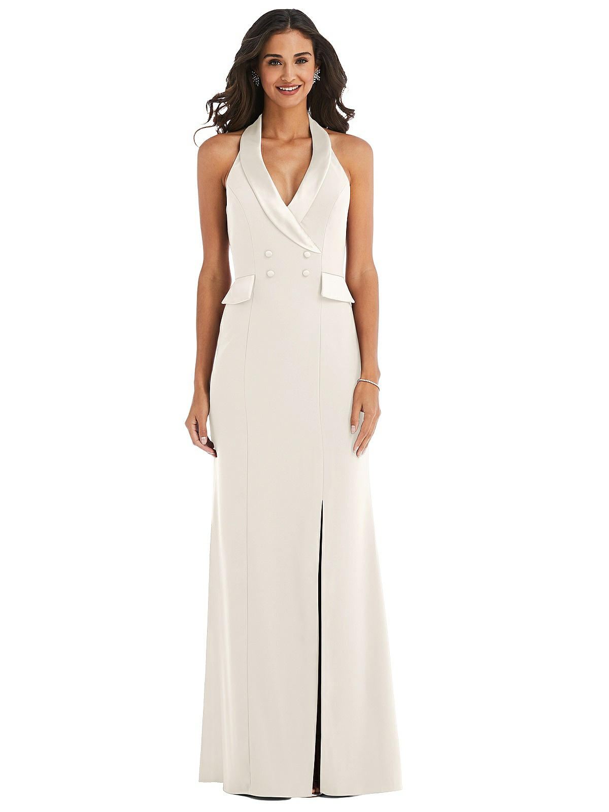 Halter Tuxedo Maxi Bridesmaid Dress With Front Slit In Ivory