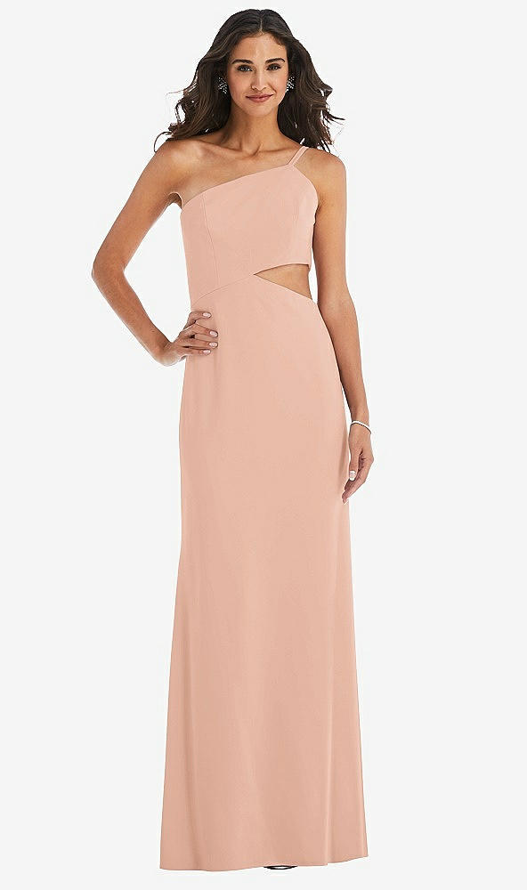 Front View - Pale Peach One-Shoulder Midriff Cutout Maxi Dress