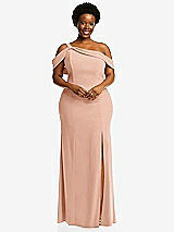 Front View Thumbnail - Pale Peach One-Shoulder Draped Cuff Maxi Dress with Front Slit