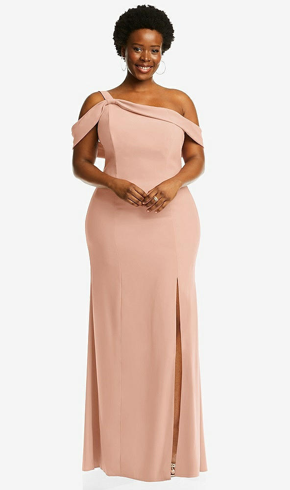 Front View - Pale Peach One-Shoulder Draped Cuff Maxi Dress with Front Slit