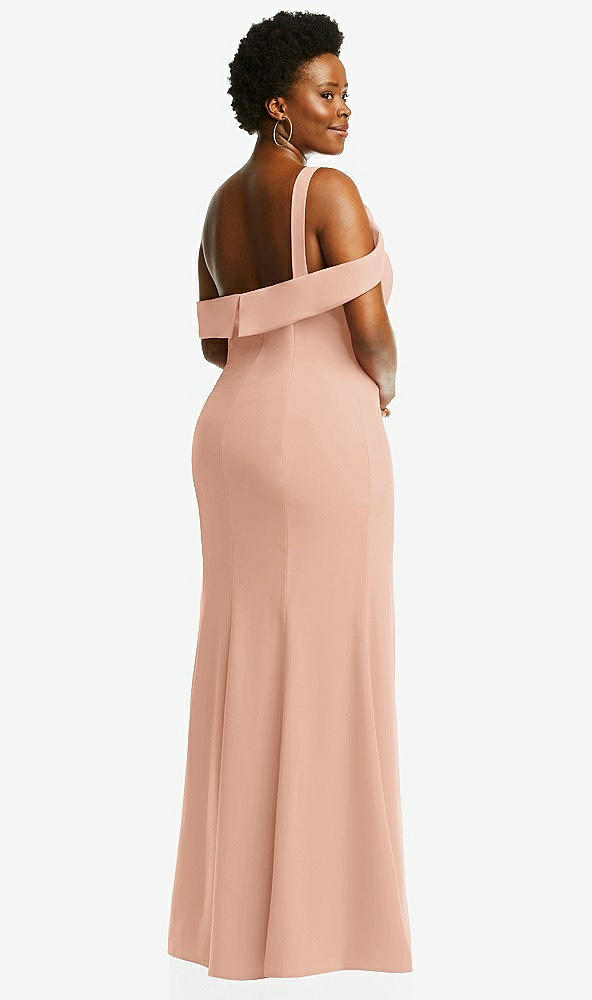 Back View - Pale Peach One-Shoulder Draped Cuff Maxi Dress with Front Slit