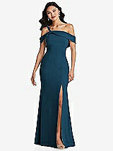 Alt View 1 Thumbnail - Atlantic Blue One-Shoulder Draped Cuff Maxi Dress with Front Slit