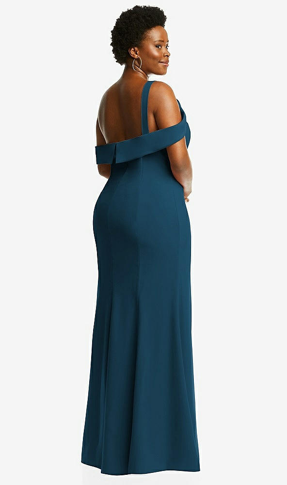 Back View - Atlantic Blue One-Shoulder Draped Cuff Maxi Dress with Front Slit