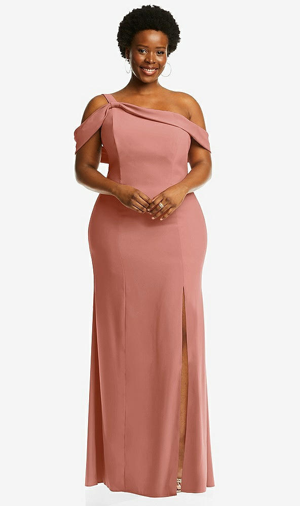 Front View - Desert Rose One-Shoulder Draped Cuff Maxi Dress with Front Slit