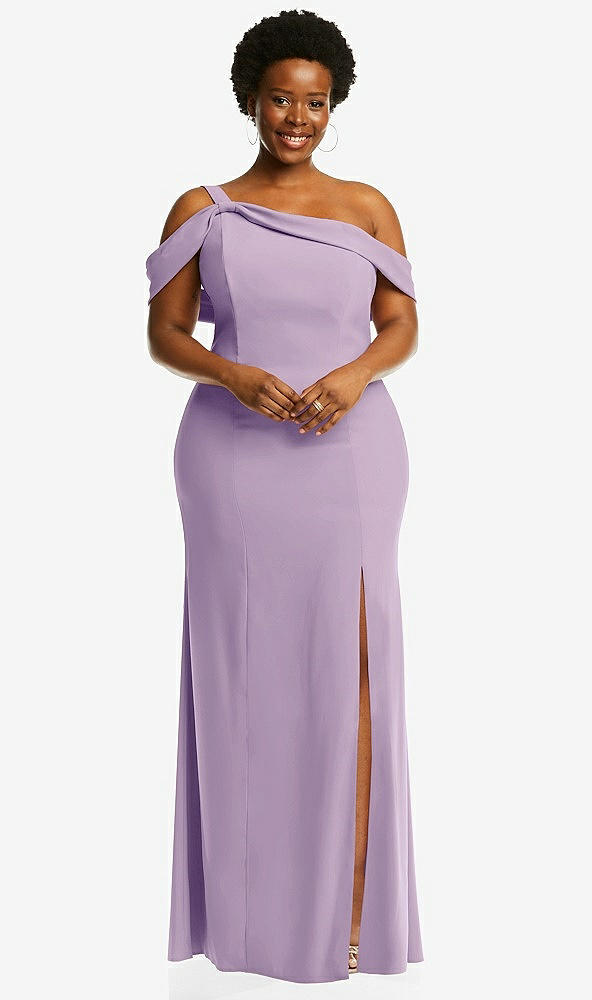 Front View - Pale Purple One-Shoulder Draped Cuff Maxi Dress with Front Slit