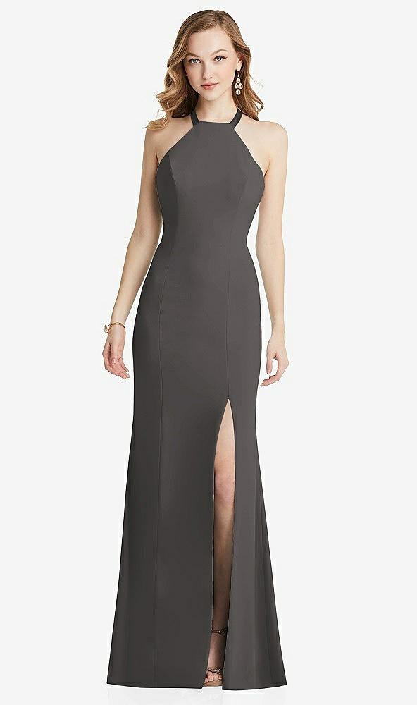 Back View - Caviar Gray High-Neck Halter Dress with Twist Criss Cross Back