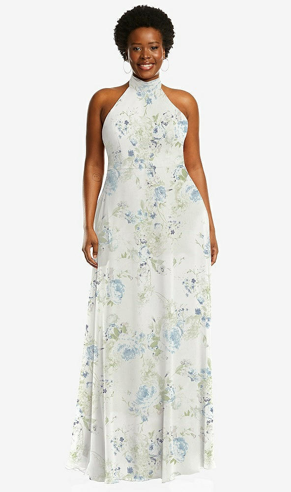 Front View - Bleu Garden High Neck Halter Backless Maxi Dress