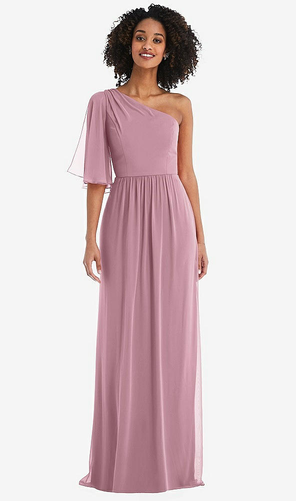 Front View - Dusty Pink One-Shoulder Bell Sleeve Chiffon Maxi Dress
