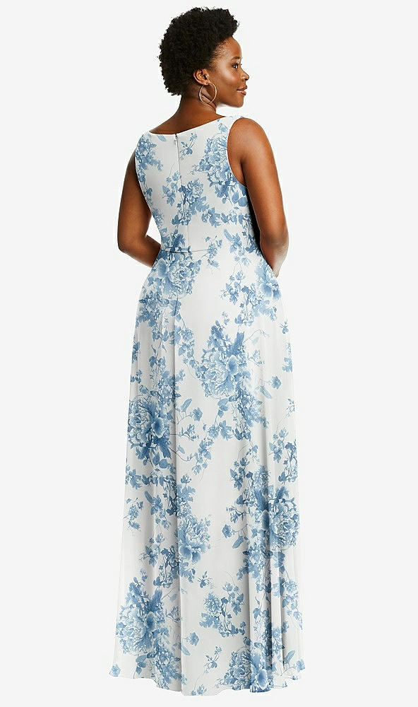 Back View - Cottage Rose Dusk Blue Deep V-Neck Chiffon Maxi Dress