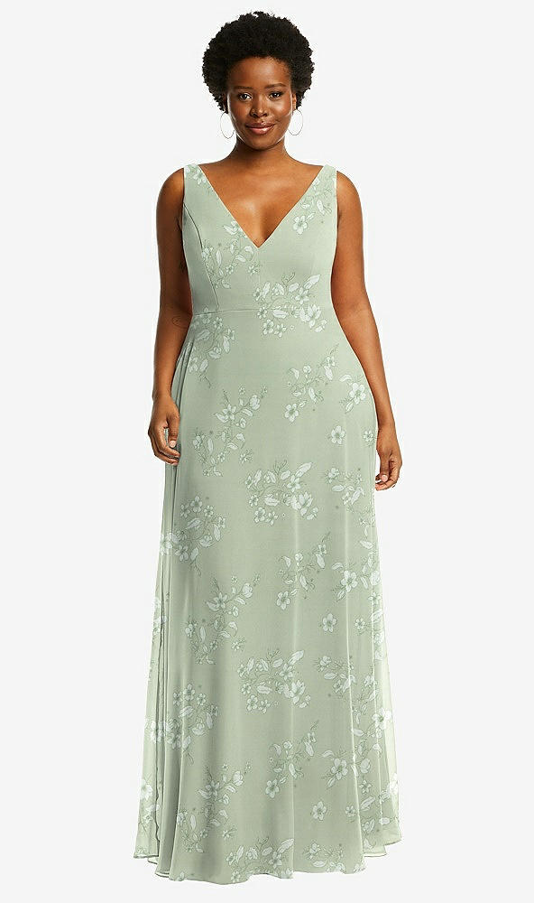 Front View - Vintage Primrose Sage Deep V-Neck Chiffon Maxi Dress