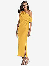 Front View Thumbnail - NYC Yellow Draped One-Shoulder Convertible Midi Slip Dress