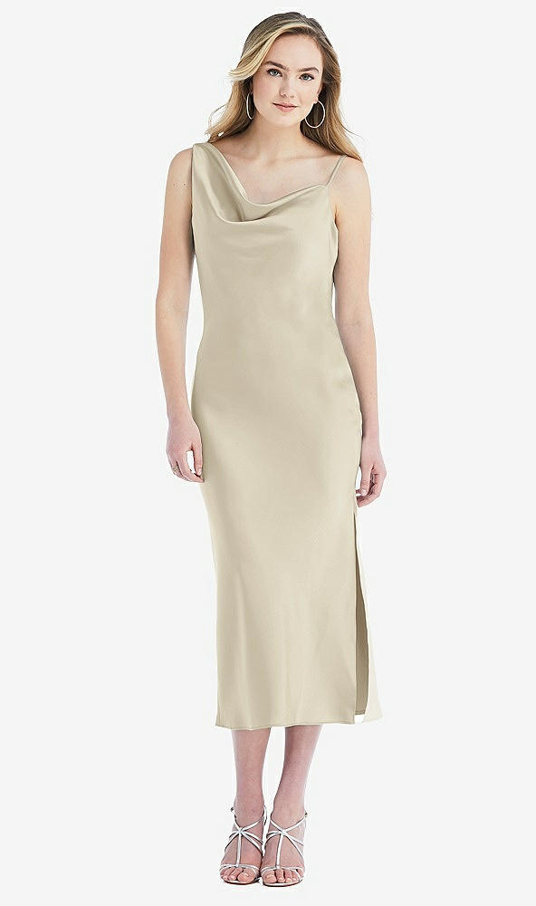 Front View - Champagne Asymmetrical One-Shoulder Cowl Midi Slip Dress