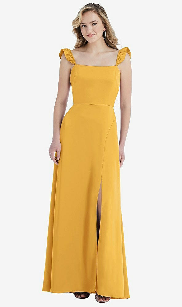 Front View - NYC Yellow Ruffled Sleeve Tie-Back Maxi Dress