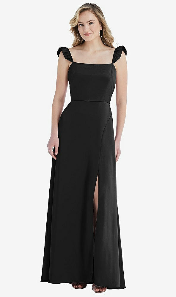 Front View - Black Ruffled Sleeve Tie-Back Maxi Dress