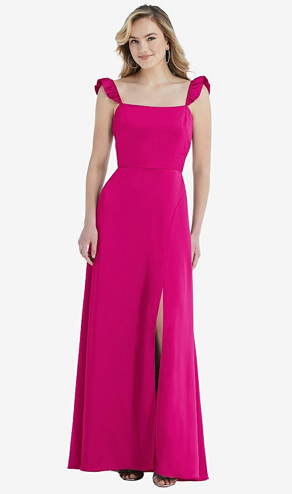 Front View - Think Pink Ruffled Sleeve Tie-Back Maxi Dress
