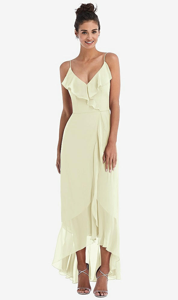 Front View - Butter Yellow Ruffle-Trimmed V-Neck High Low Wrap Dress
