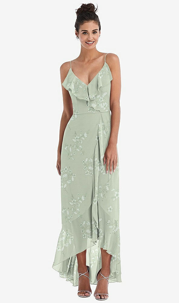 Front View - Vintage Primrose Sage Ruffle-Trimmed V-Neck High Low Wrap Dress