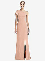Front View Thumbnail - Pale Peach One-Shoulder Cap Sleeve Trumpet Gown with Front Slit
