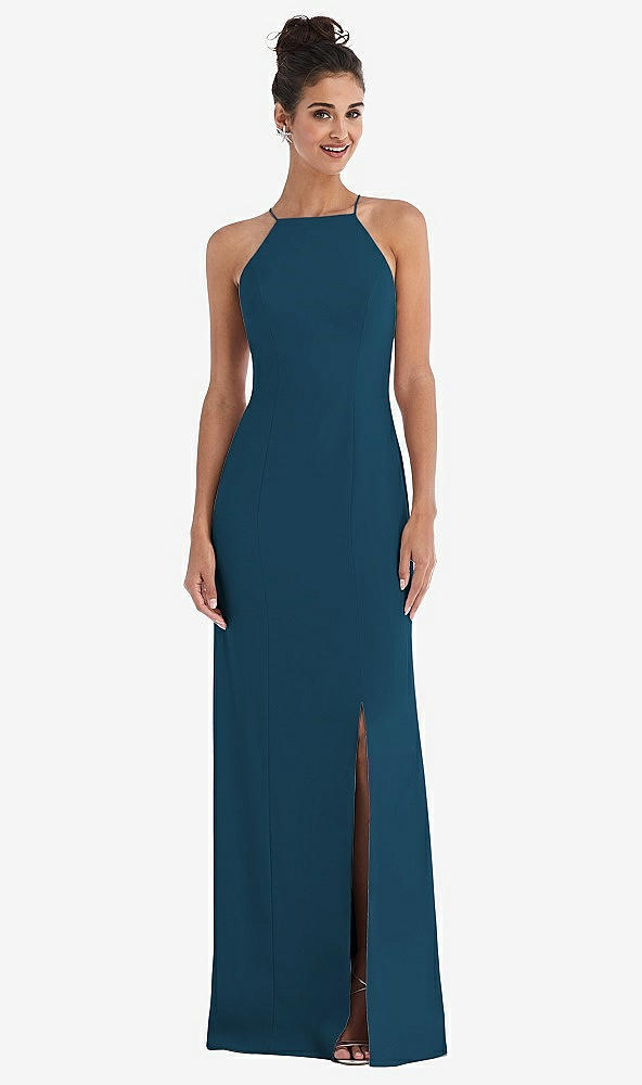 Front View - Atlantic Blue Open-Back High-Neck Halter Trumpet Gown