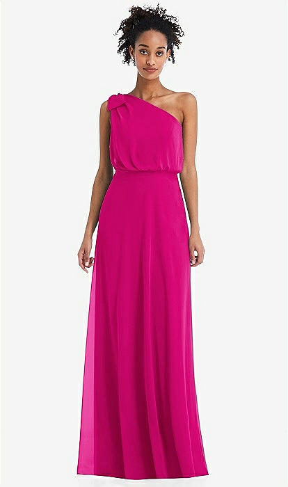 One-shoulder Bow Blouson Bodice Maxi Bridesmaid Dress In