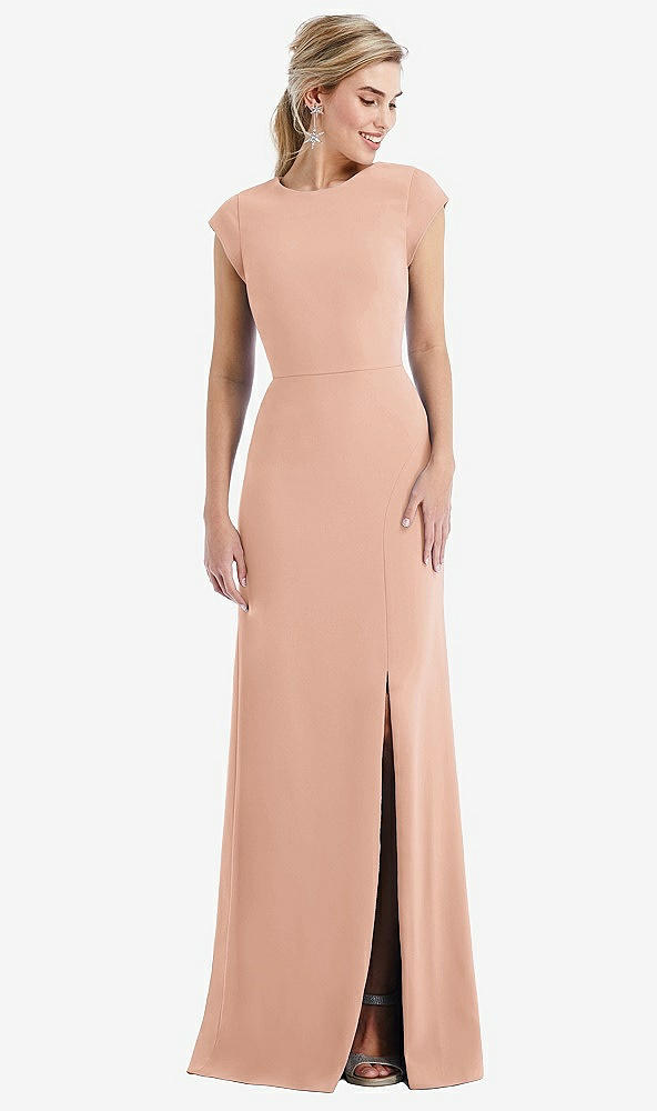 Front View - Pale Peach Cap Sleeve Open-Back Trumpet Gown with Front Slit