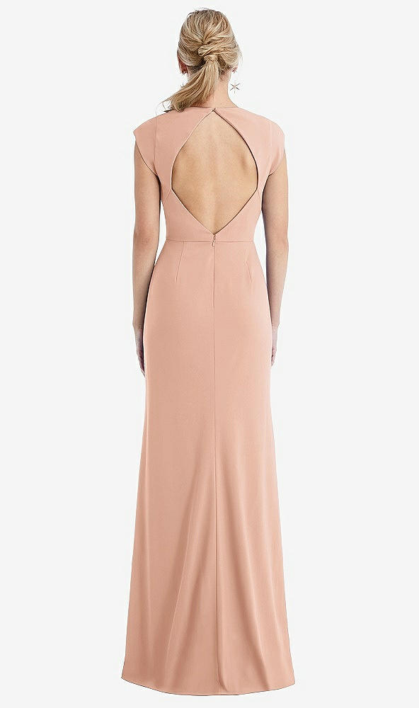 Back View - Pale Peach Cap Sleeve Open-Back Trumpet Gown with Front Slit