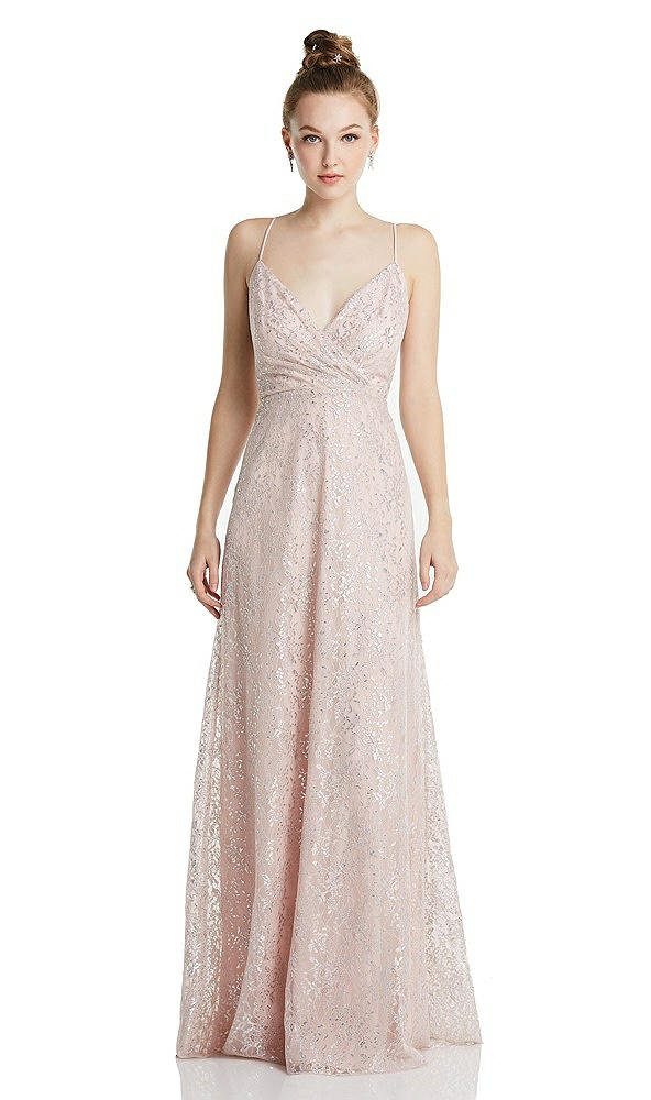 Front View - Blush Draped Wrap Bodice Metallic Lace Maxi Dress