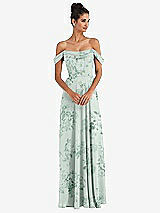 Front View Thumbnail - Mint Green Floral Off-the-Shoulder Draped Neckline Maxi Dress