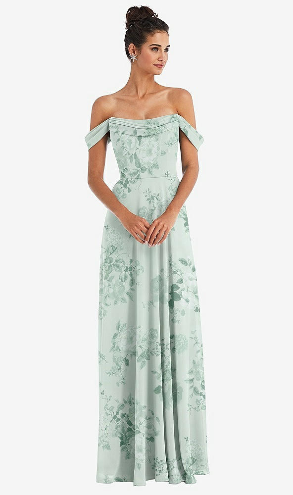Front View - Mint Green Floral Off-the-Shoulder Draped Neckline Maxi Dress