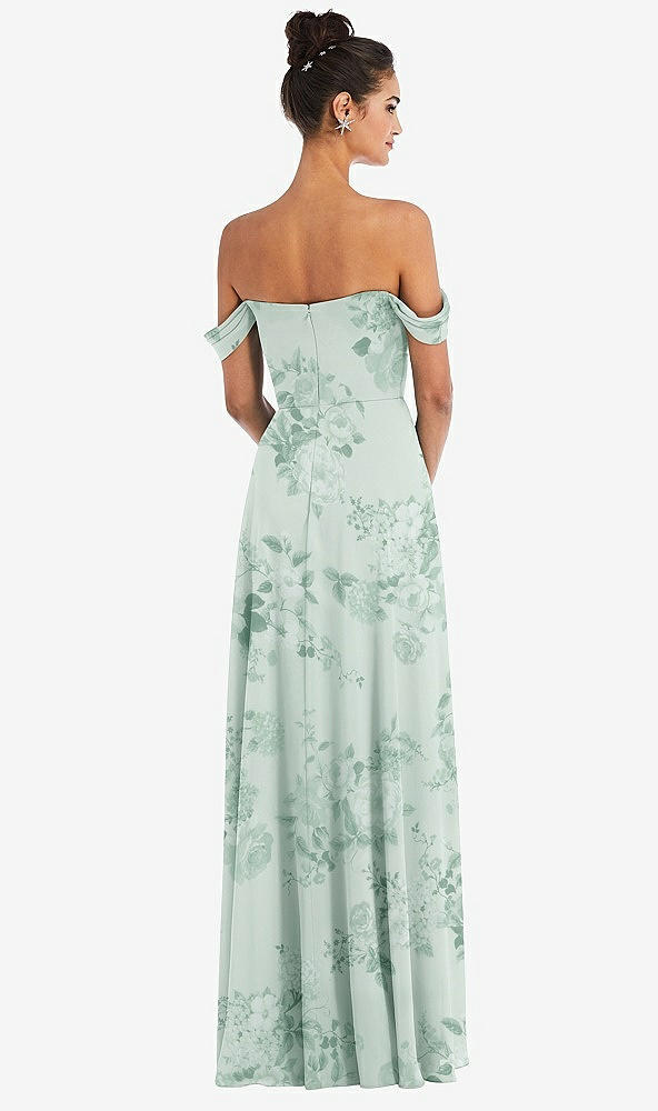 Back View - Mint Green Floral Off-the-Shoulder Draped Neckline Maxi Dress