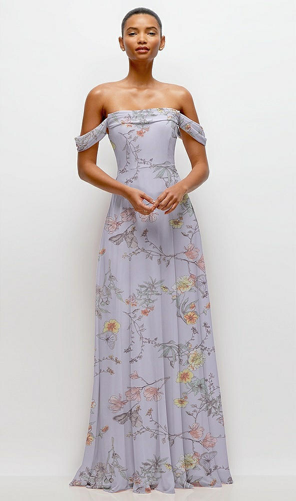 Front View - Butterfly Botanica Silver Dove Off-the-Shoulder Draped Neckline Maxi Dress