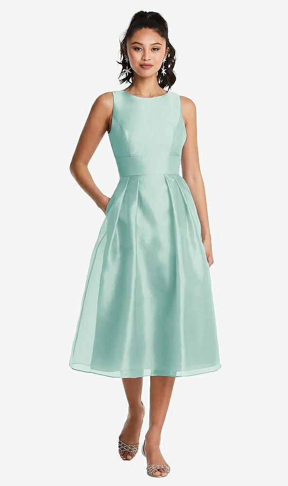 Front View - Coastal Bateau Neck Open-Back Pleated Skirt Midi Dress