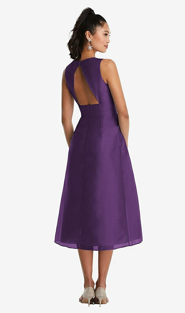 Back View - Majestic Bateau Neck Open-Back Pleated Skirt Midi Dress