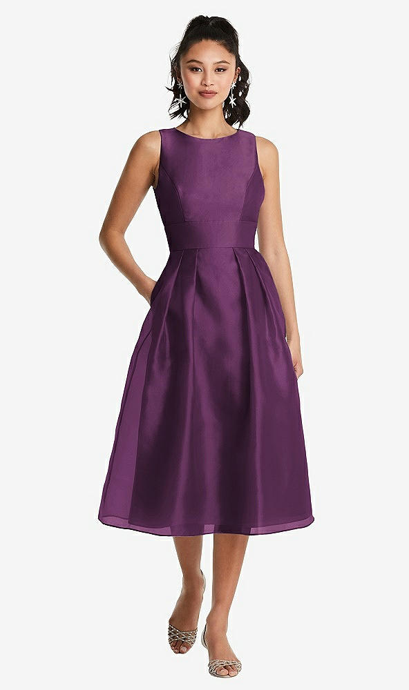 Front View - Aubergine Bateau Neck Open-Back Pleated Skirt Midi Dress
