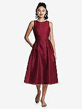 Front View Thumbnail - Burgundy Bateau Neck Open-Back Pleated Skirt Midi Dress