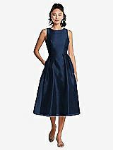 Front View Thumbnail - Midnight Navy Bateau Neck Open-Back Pleated Skirt Midi Dress