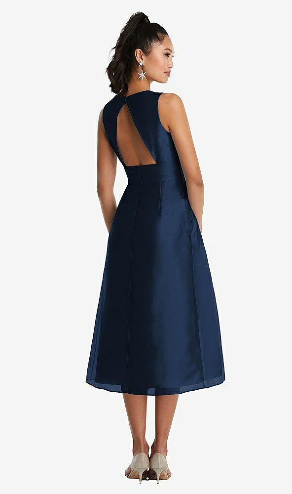 Back View - Midnight Navy Bateau Neck Open-Back Pleated Skirt Midi Dress