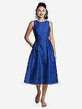 Front View Thumbnail - Sapphire Bateau Neck Open-Back Pleated Skirt Midi Dress